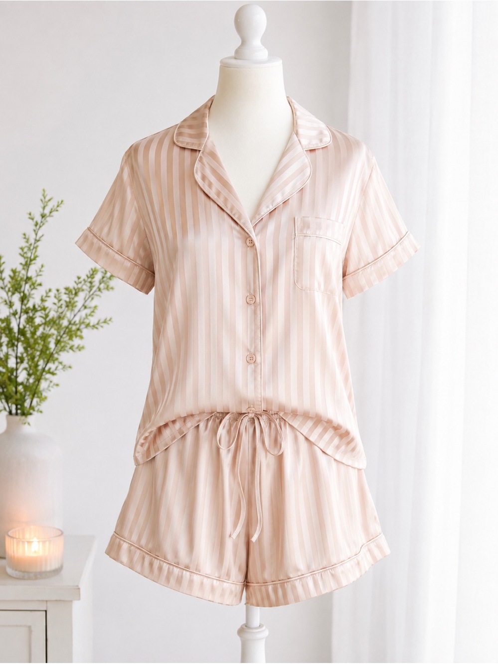 TART Intimates Champagne Blush Satin Striped Pajama Set Size L